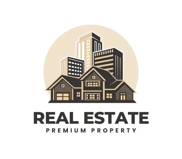 Real estate seo service logo showing modern city buildings behind a luxury house, representing premium real estate seo & property services.